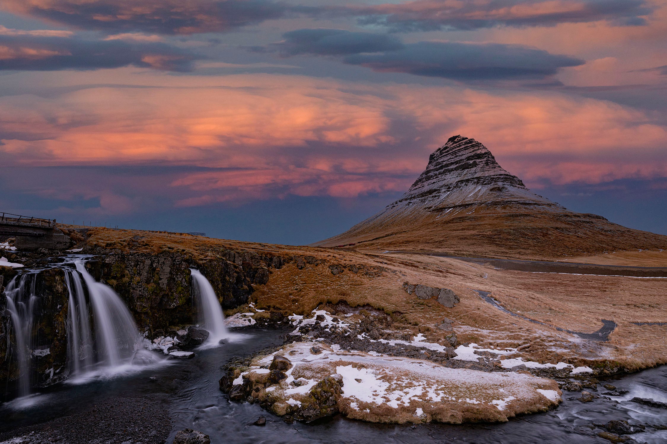 Kirkjufell Pink Sky with Waterfall